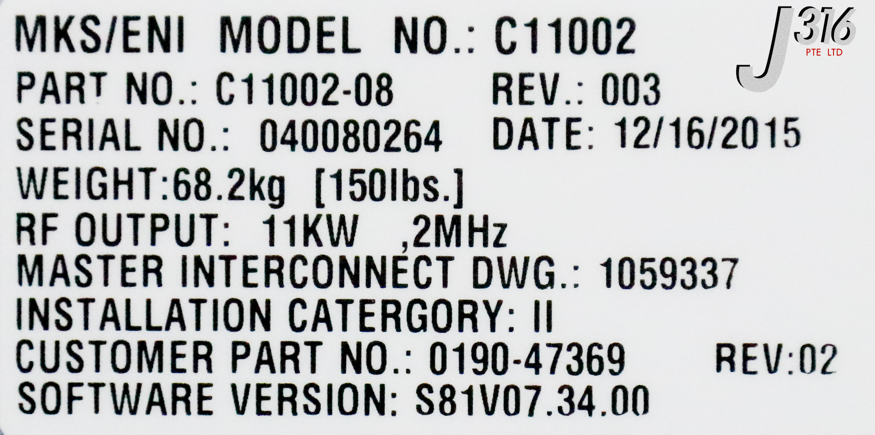 35049 MKS / ENI RF GENERERATOR, KEINOS, 11KW 2MHZ, P/N: C11002-08